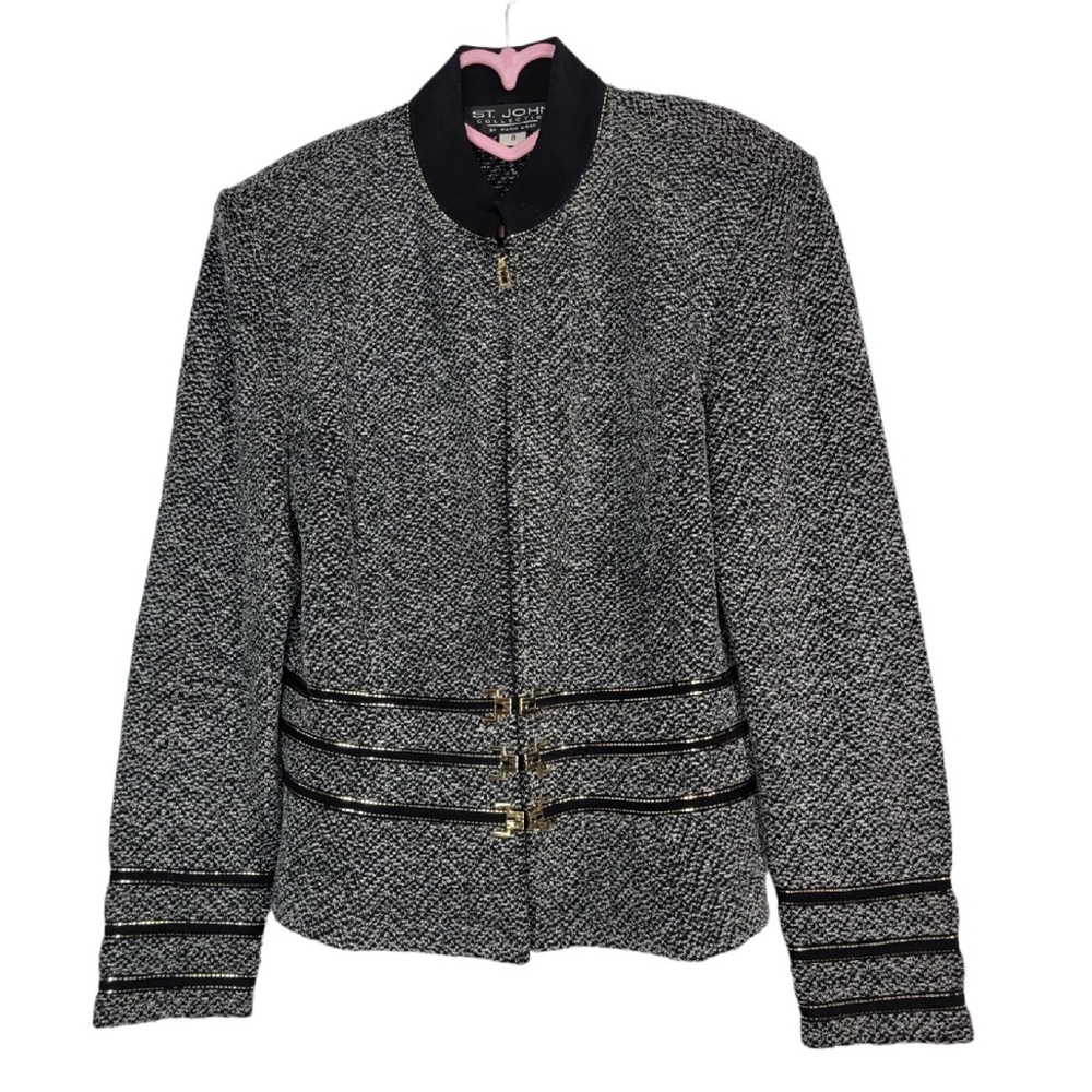 St. John Collection Santana Knit Zip Up Clasp Cardigan Sweater Jacket Size 10